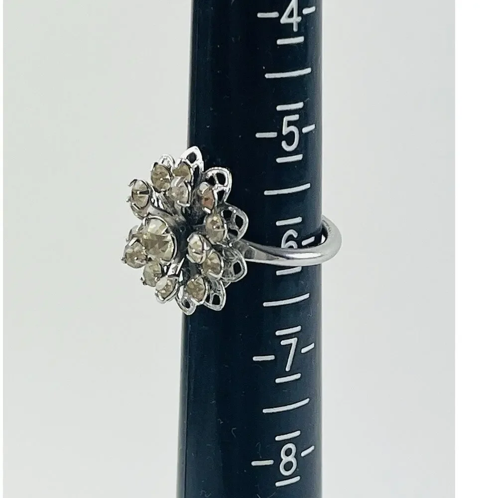 SARAH COVENTRY Rhinestone Flower Ring Silver Tone Vintage Signed Tiered Layered